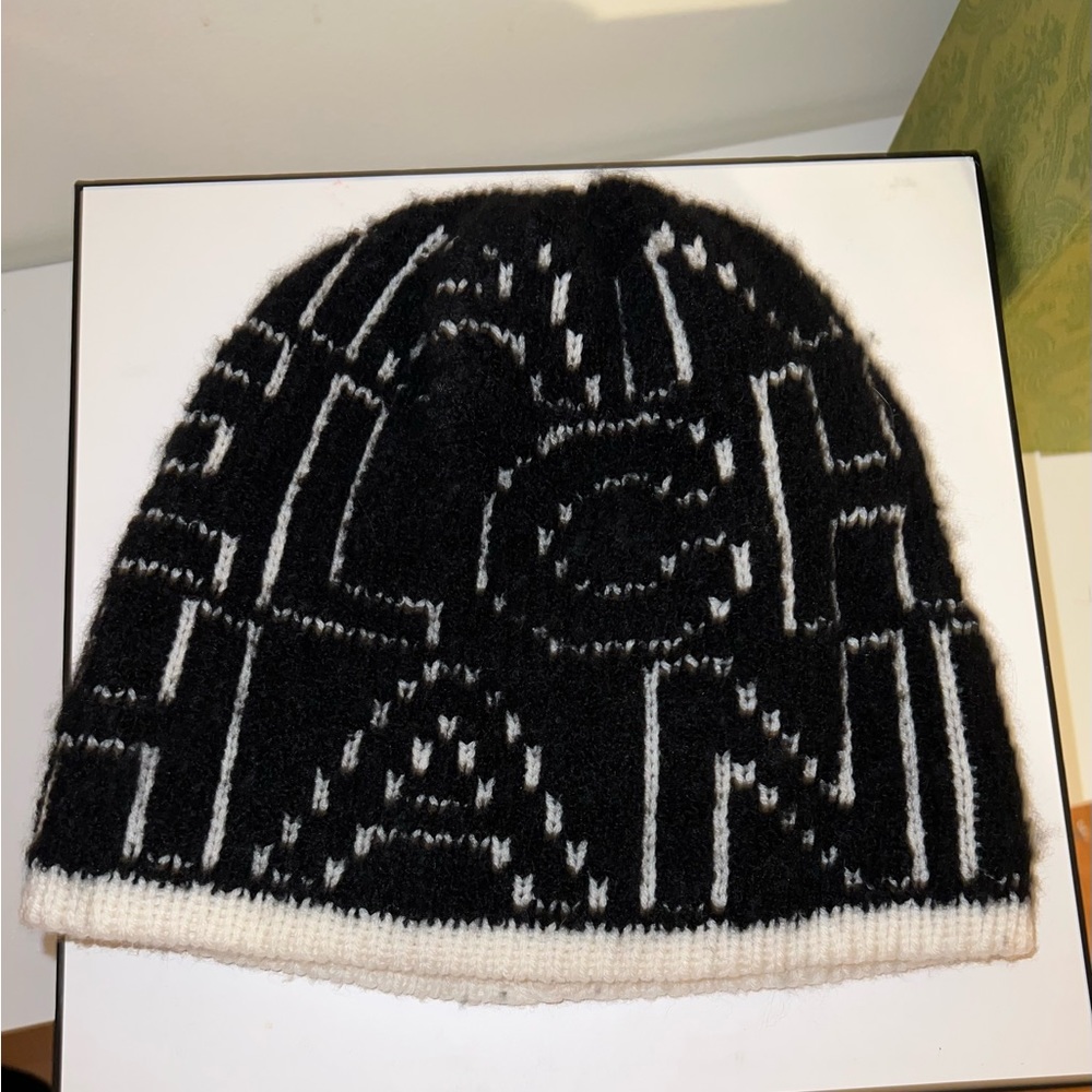 Authentic Chanel Cashmere Wool Silk Logo Beanie Hat
Black/White